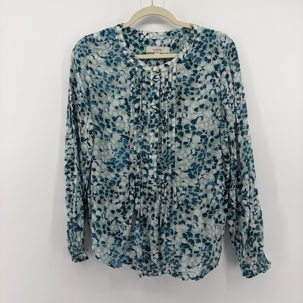 LOFT Womens Small Blue Floral Blouse Pleated Long Sleeve Smocked‎ Cuff Top